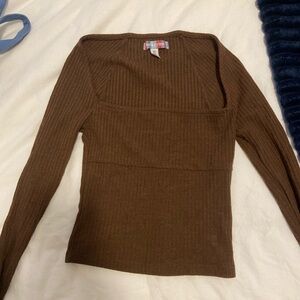Brown Scoop Plunge Ribbed Women's Sweater